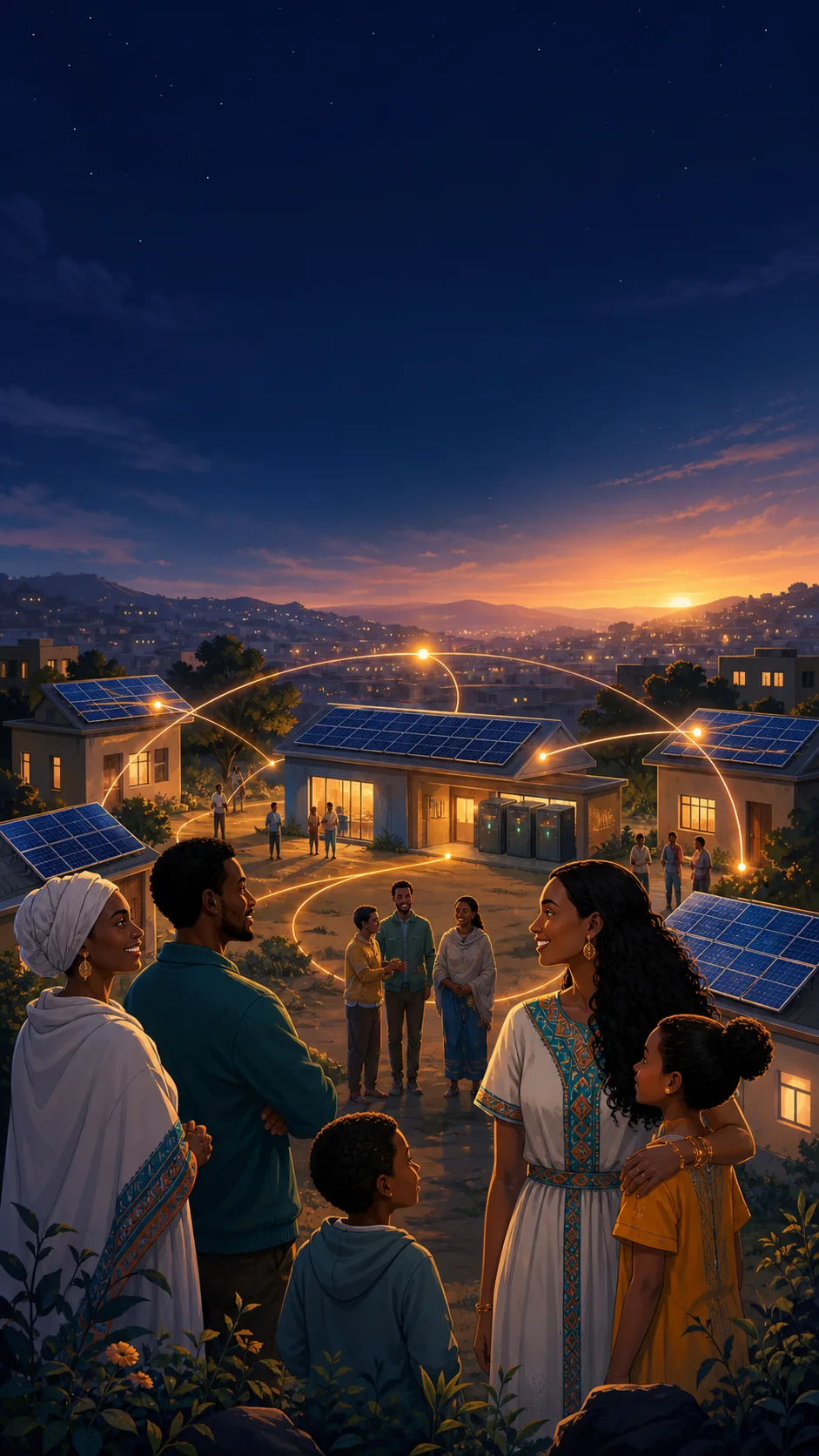 Solar-powered homes and community members connected by warm energy paths at dusk.
