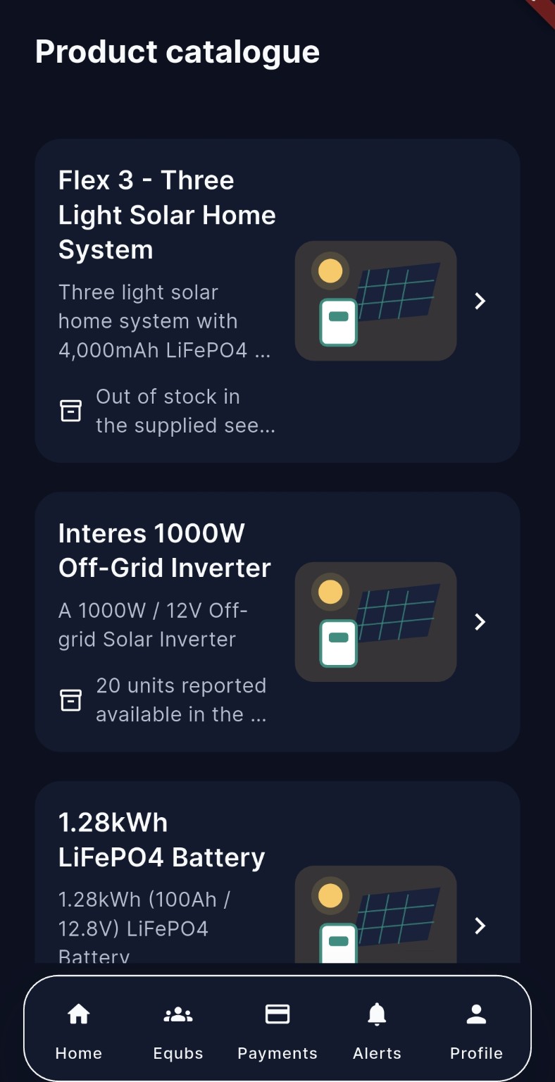 Solar Equb product catalogue screen.