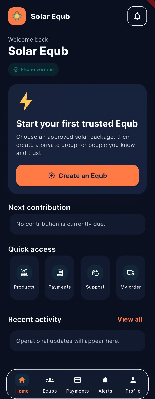 Solar Equb mobile app home screen.